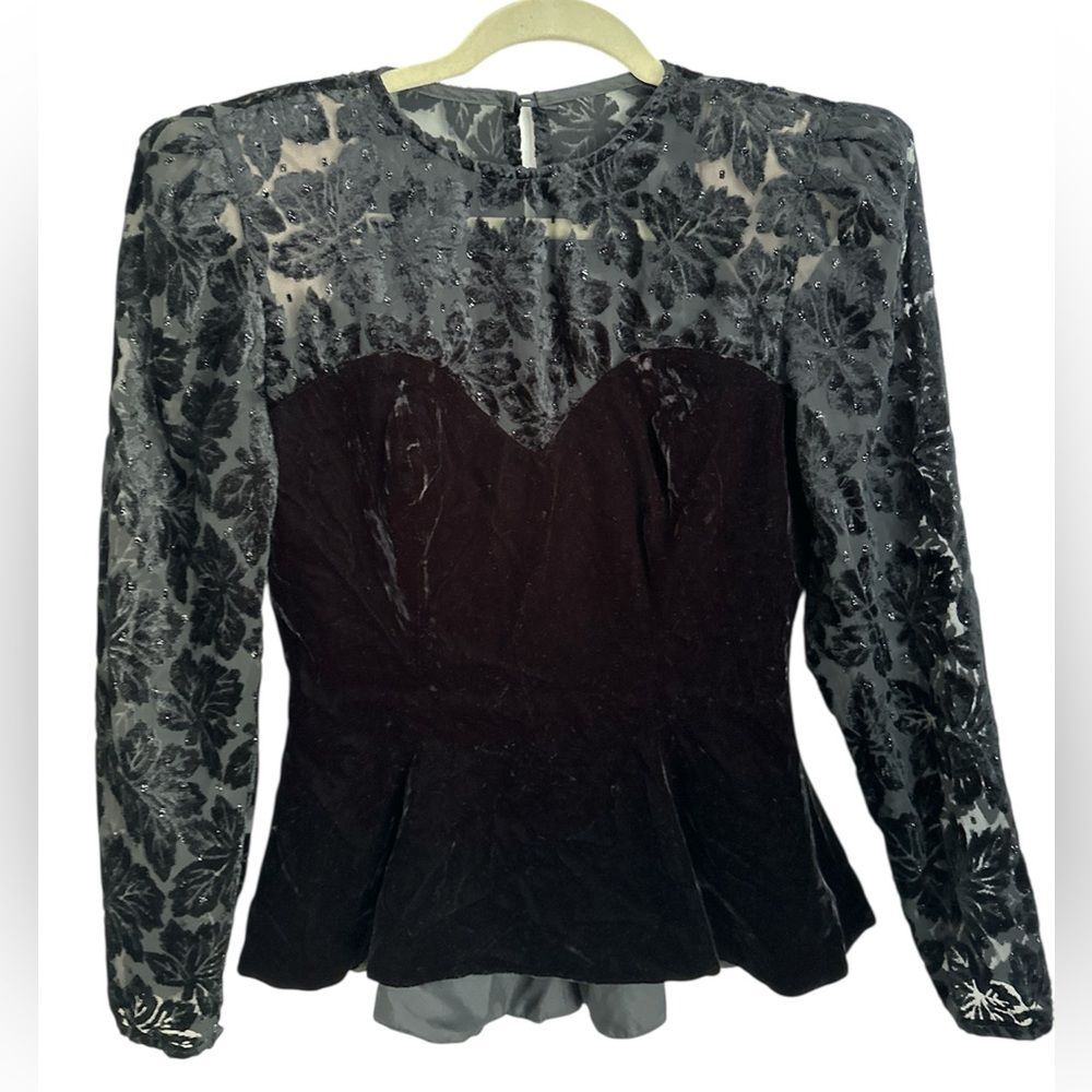 VTG Algo Boutique Velvet Peplum Blouse Sheer Floral Sleeves Sweetheart Size 9